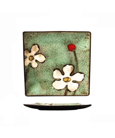 Dinner Plate Pasta Tableware Elegant Hand Painted Creative Ceramic Western Food Square Plate Unique Blue Green Daffodil Flower Pattern Home Kitchen Fruit Salad Dish D