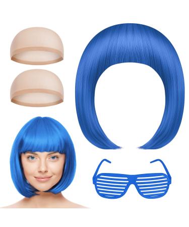 AOMIG Short Bob Wig for Women 4 Pack Short Blue Bob Wigs Set with Sunglass and Wig Cap Neon Fancy Dress Accessory Cosplay Wig with Bangs Synthetic Straight Wig for Daily Halloween Party Cosplay