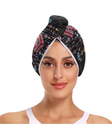 Beautiful Tribal Geometric Ethnic Oriental Hair Towel 2 Pack Super Absorbent Hair Drying Towel Quick Dry Hair Turbans Head Towel with Button Twisty Wrap for Women Girls