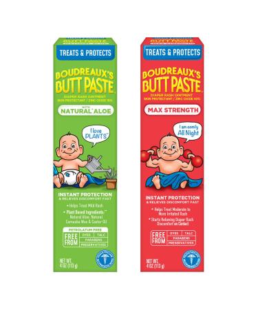 Boudreaux's Butt Paste Diaper Rash Ointment Variety Pack (1-4 oz Maximum Strength, 1-4 oz Natural Aloe)