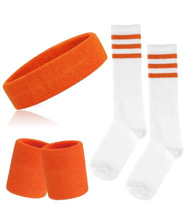 Onupgo 5-part striped welding tape and sock set striped headband welding straps striped high socks for men women sports and 80s party Orange