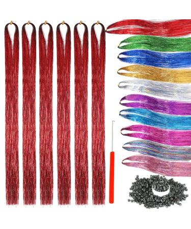 Red Tinsel Hair Extensions with Tools 6 Packs 1380 Strands 44 Inch Hair Extension Tinsel Kit for Women and Girls Sparkling Shiny Colorful Hair Extensions for Christmas and Parties (44 Inch red) 44 Inch red