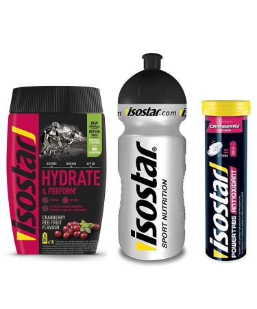 Isostar Hydrate & Perform Iso Drink - 400g Isotonic Drink Powder - 1x Cranberry + 1x Cranberry Tablets + 0.5 Liter Bottle