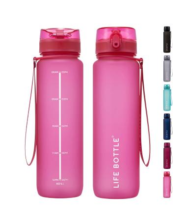 Life Bottle 32 oz Water Bottle with Strap. Tritan Fruit Infuser Flip Top Water Bottles With Times To Drink. No Quotes! Motivational Water Bottle with Time Marker. Dishwasher Safe 32 oz Water Bottles Hot Pink