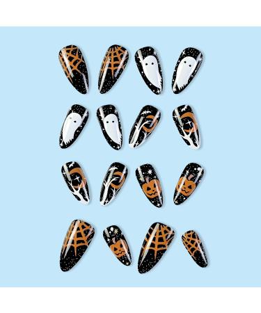 Shop Halloween Press On Nails - Medium Almond Glossy Fake Nails with Pumpkin & Ghost Designs - Full Cover Artificial Acrylic Nails for Women - Buy Online on GoSupps.com