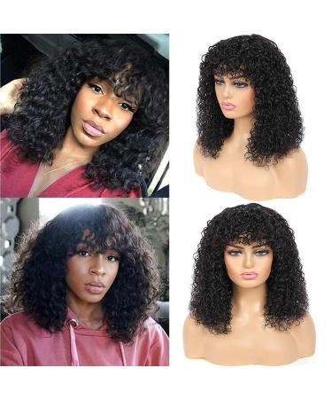 Amella Hair 10A Brazilian Virgin Curly Wig with Bangs - 16 inch Natural Black Glueless Half Machine Made Wig - Buy Online on GoSupps.com