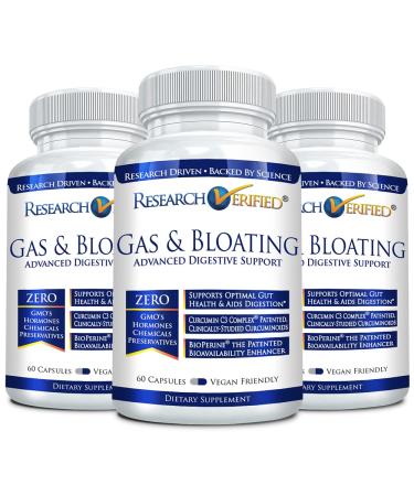 Research Verified Gas and Bloating - Relax Intestinal Muscles Eliminate Gas Buildup - Artichoke Powder Ginger Peppermint Leaf Powder - 180 Capsules - Vegan 60 Count (Pack of 3)