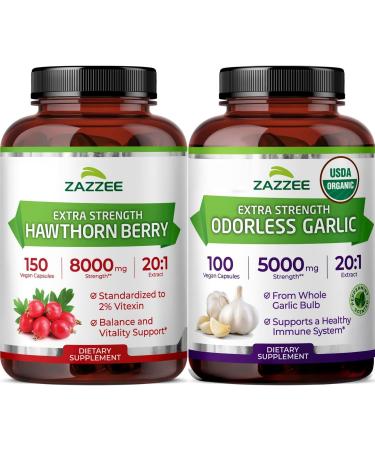 Zazzee Herbal CardioVascu Support Bundle | USDA Organic Odorless Garlic Extract & 20:1 Extra Strength Hawthorn Berry Capsules | Non-GMO Vegan & ISO Lab Tested