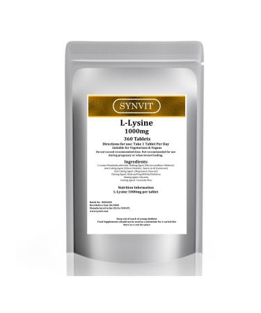 SYNVIT L-Lysine 1000mg (12 Month Supply) 360 High Strength Tablets Essential Amino Acid Vegan Friendly
