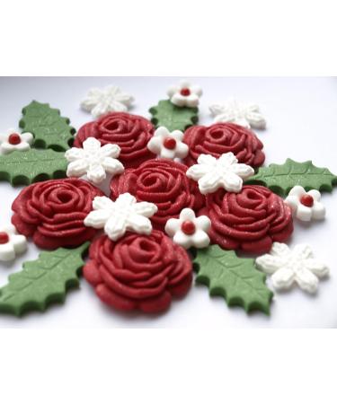 24x Red Roses Holly Leaves Christmas Cake Toppers Edible Winter Sugar Flowers Cake Cupcake Decorations - Buy Online on GoSupps.com