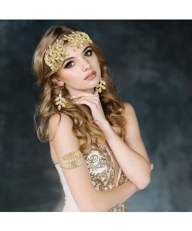 Grecian Goddess Costume Accessories Set - Golden Leaf Bracelet, Bridal Hair Crown, Pearl Earrings & Comb for Women | Perfect for Wedding Party - Buy Online on GoSupps.com