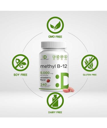 DEAL SUPPLEMENT Methyl B-12 Vitamins 5000mcg 240 Chewable Tablets | Strawberry Flavored for Energy & Brain Health | Vegetarian & GMO Free - Buy Online on GoSupps.com