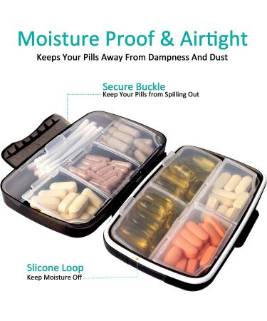 Travel Pill Organizer Oversize 8 Compartment - Portable Medication Box for Vitamins - Airtight & Moistureproof - Black Large - Buy Online on GoSupps.com