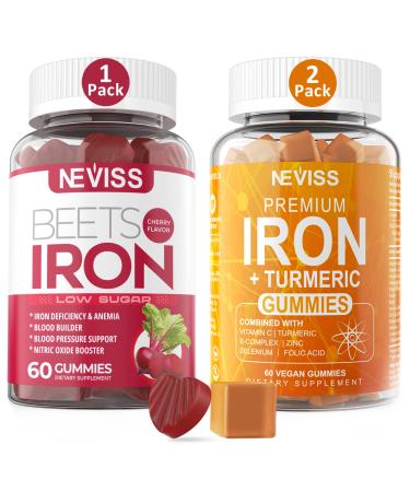 Iron Gummies with Turmeric + Iron Gummies with Beet Root Bundle by Neviss for Women Men Iron Supplement Gummies Support for Iron Deficiency Anemia Energy Boost & Healthy Blood Pressure