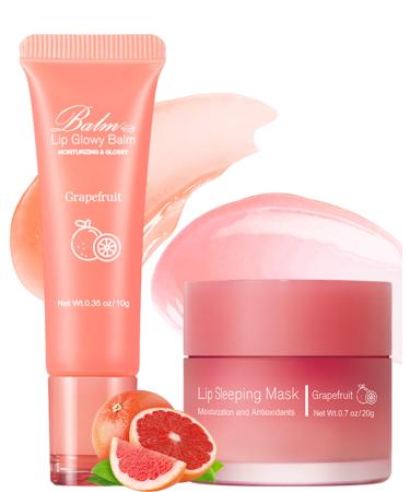 2Pcs Lip Glowy Balm & Lip Sleeping Mask Hydrating Repair Sleeping Lip Mask Glossy Tinted Lip Balm Smooth Cracked Chapped Lip Lip Care Therapy Treatment Christmas Makeup Gift for Women-Grapefruit Set 3# Grapefruit