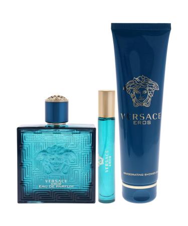 Versace Eros for Men 3 Pc Gift Set - 3.4oz EDP 0.3oz Travel Spray 5oz Shower Gel - Bold Long-lasting Fragrance