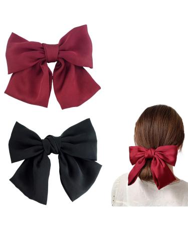 BAIYSFFG 2PCS Bow Hair Clip Hair Bows for Women Big Bowknot Hairpin French Hair Clips with Ribbon Solid Color Hair Barrette Clips Soft Satin Silky Hair Bows for Women Girls (Black Red)
