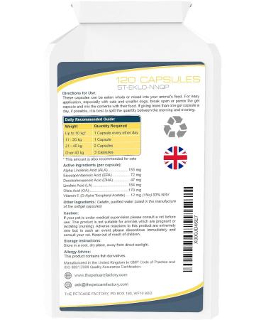 The Petcare Factory Omega Plus Skin & Coat Supplement For Dogs and Cats Triple Action Omega 3 6 & 9 With Added Vitamin E 120 Softgel Capsules 1000mg Human Grade Ingredients UK Manufactured - Buy Online on GoSupps.com