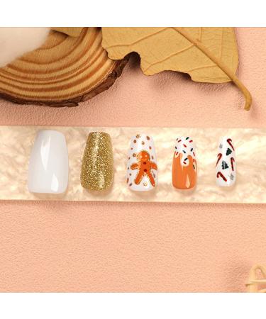 DMQ Coffin Christmas False Nails - Gold Glitter Fake Nails with Festive Patterns | Press on Nail Set with Glue for Women and Girls - Buy Online on GoSupps.com