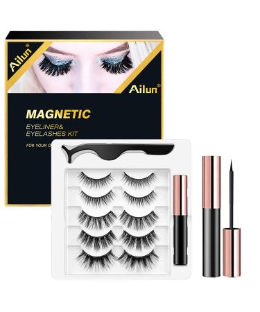 Ailun Magnetic Eyeliner and Eyelashes Kit Volume Fluffy Natural look False Eyelashes 5 Pairs Wispies Long Extension Eyelashes with Tweezers,Easy to Wear,Resuable and No Glue