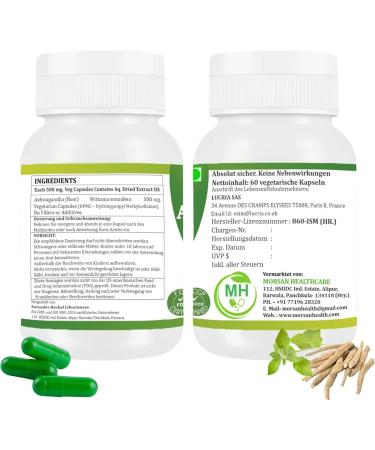  Morsan Healthcare Ashwagandha (Withania somnifera) Capsules | Pack of 60 x 500 mg. Vegetarian capsules | Natural food supplement | GMP certified | Gluten-free (120) - Buy Online on GoSupps.com