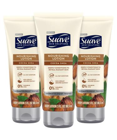 Suave Lotion Cocoa Butter Shea Nourishing Hand & Body Lotion Travel-Size Lotion for Extremely Dry Skin Moisturizing Cream for Glowing Skin 24H Moisture 3 Oz (Pack of 3)
