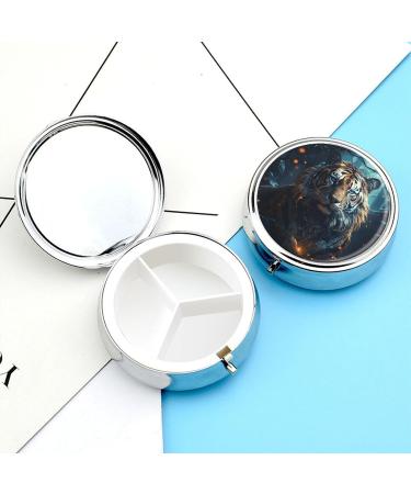 Round Tiger Print Pill Box - 3 Compartment Medicine Organizer - Portable Decorative Metal Pill Case - Style 4 - Buy Online on GoSupps.com