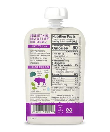 Serenity Kids 100% Grass Fed Bison Baby Food 6+ Months - Organic Kabocha Squash & Spinach 3.5oz - Buy Online on GoSupps.com