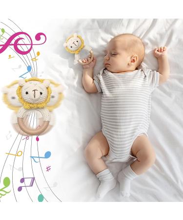 Wooden Baby Rattle - Crochet Lion Newborn Toy with Natural Wood Teething Ring - Handmade Gift for Boys and Girls - Buy Online on GoSupps.com