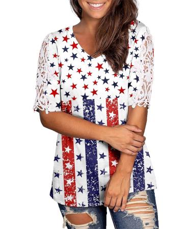 4th of July Women's Patriotic T-Shirt V-Neck Short Sleeve Blouse - USA American Flag Loose Fit Tee in Blue (Medium) - Buy Online on GoSupps.com