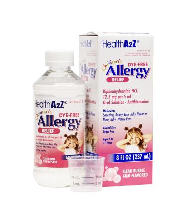 HealthA2Z Children's Allergy Relief | DYE Free | Diphenhyrdramine 12.5 mg | 5ml Oral Solution | 8Fl Oz (237 mL) | Antihistamine | Clear Bubble Gum Flavored | Alcohol and Sugar Free
