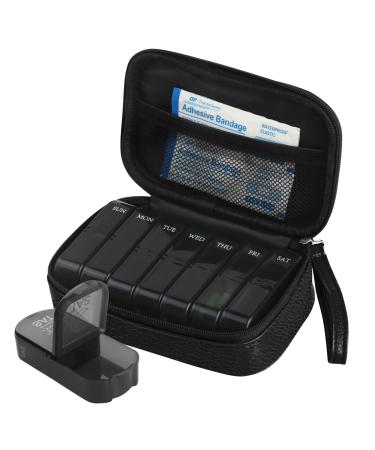 Weekly PU Leather Pill Bag Organizer Case 2 Times a Day AM PM Daily Pill Box to Hold Vitamin Fish Oil Supplements and Medicine (Black)