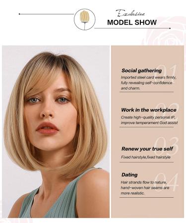 FIFIGO Blonde Bob Wig with Bangs | Short Ombre Blonde Synthetic Wig 14 | Heat Resistant Fiber | Daily Wear, Party, Cosplay - Buy Online on GoSupps.com