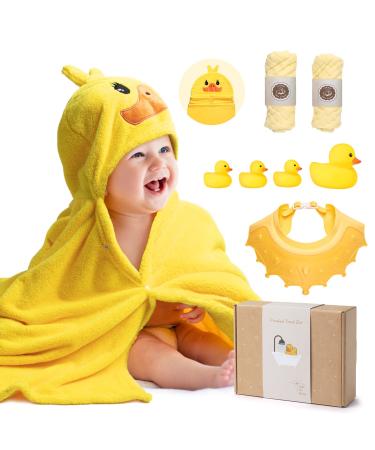 8-Piece Baby Shower Gifts, ode to thee Hooded Baby Bath Towel Set, Ultra Soft Baby Towels for Newborn, Toddler, Boys, Girls Yellow Duck