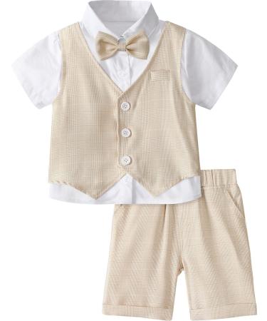 mintgreen Baby Boys 3 Pieces Outfit Gentleman Suit Set Shirt & Bowtie & Waistcoat & Shorts Size:1-6 Years 12-18 Months Khaki