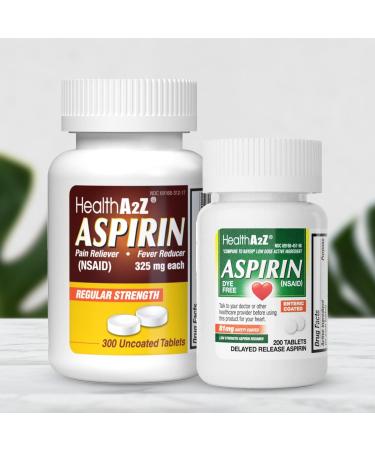HealthA2Z Aspirin Bundle 325mg Regular Strength (300 Tablets) Uncoated + 81mg Low Dose (200 Tablets Dye-Free Enteric Coated) | Total 500 Tablets | Pain Reliever & Fever Reducer