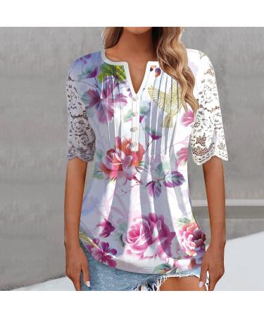 Women's Comfortable Lace Middle Long Sleeve Button Up V-Neck Hide Belly Tops Loose Bohemian Tunic Sexy Shirt Women's T-Shirt With Print Sports Shirt Women's Wide L Hot Pink - Buy Online on GoSupps.com