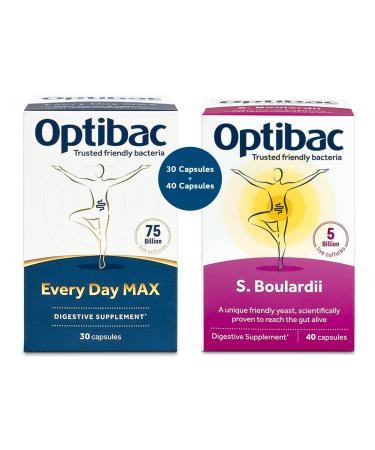 Optibac Probiotics Advanced Digestive Supplement Bundle - Every Day MAX Probiotics with 75 Billion CFUs (30 Capsules) & Saccharomyces Boulardi (40 Capsules)