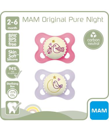 MAM Original Pure Night Soother 2-6 Months (Set of 2) Sustainable and Bio-Renewable Baby Soother SkinSoft Silicone Teat Glow in the Dark Soother Pink/Purple (Designs May Vary) - Buy Online on GoSupps.com