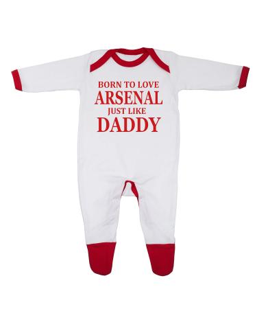 'Born To Love Arsenal Just Like Daddy' Baby Boy Girl Sleepsuit Designed and Printed in the UK Using 100% Fine Combed Cotton 0-3 Months White/Red Trim