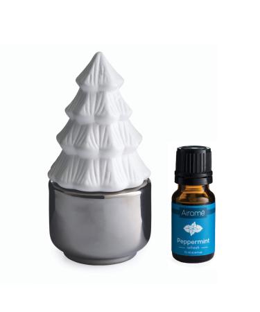 Airomé White Pine Passive White Porcelain Diffuser, Non-Electric, Battery-Free Fragrance and Essential Oil Diffuser with Peppermint Essential Oil, White Christmas Tree with Silver Base