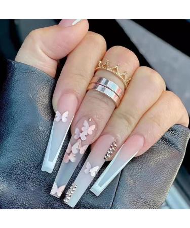 False Nails with Glue Stickers Black Snake Design Glossy Acrylic Long Fake Nails 24PCS White Press On nails Full cover Medium Stick On Nail for Women and Girls No Glue Included (Transparent flower)
