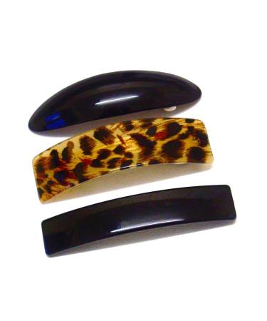 La Peach Fashions Set Of Three Assorted Quality Barrette Hair Clip Large Slide Barrette Comb Banana Clip Classic Designs (Bkleopard)