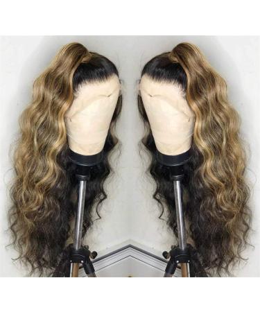 AimeileMiss Blonde Ombre Synthetic Lace Front Wig 22 Inch - Natural Wave Hair with Black Roots - 1B/27 Two Tone Color - Glueless and Natural Looking - Baby Hair for Women - Buy Online on GoSupps.com