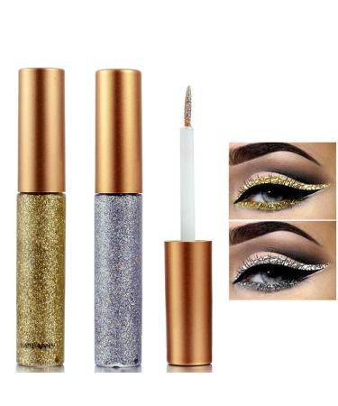 Hacaus 2PCS Liquid Eyeliner Glitter Liquid Eyeliner Metallic Shimmer Eyeshadow  Long Lasting Waterproof Makeup Eyeliner Color Silver Gold 36