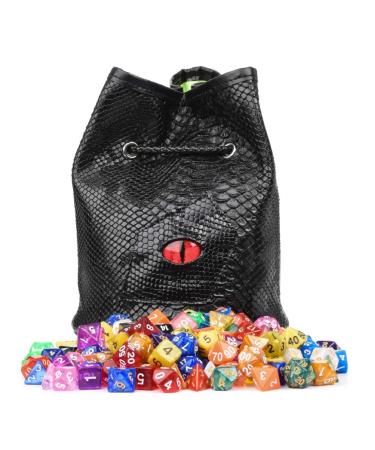 DND Dice Bag with Pockets - Large Dice Bag with Black Dragon Scales and Real Glass Dragon Eye - Rogues & Knaves