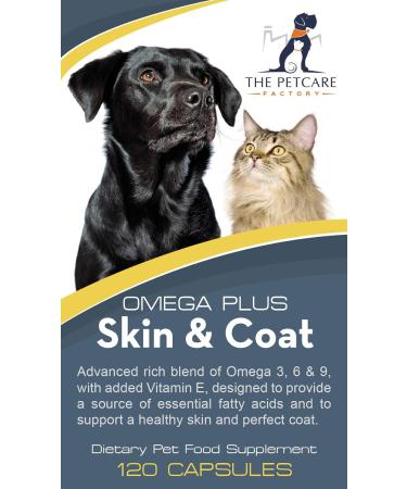 The Petcare Factory Omega Plus Skin & Coat Supplement For Dogs and Cats Triple Action Omega 3 6 & 9 With Added Vitamin E 120 Softgel Capsules 1000mg Human Grade Ingredients UK Manufactured - Buy Online on GoSupps.com