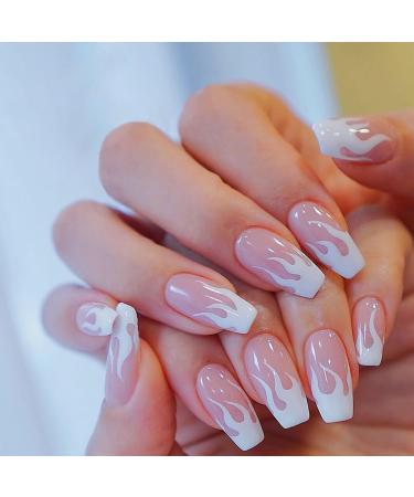 Oval short artificial nails French press on nails mrcuvaryas French press on nails short square soft gel nail tips full cover nageltip (white flame)
