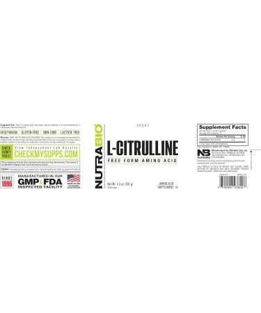 NutraBio L-Citrulline Free Form Amino Acid 5.3 oz (150 g) - Buy Online on GoSupps.com