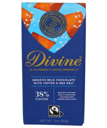 DIVINE CHOCOLATE Chocolate, 38% Milk Chocolate with Toffee & Sea Salt, 3 Oz 38% Milk Chocolate with Toffee & Sea Salt 3 Ounce (Pack of 1)
